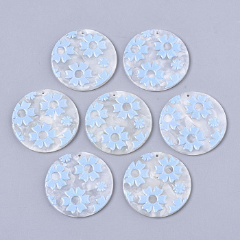 Cellulose Acetate(Resin) Pendants, 3D Printed, Flat Round, Flower Pattern, Light Sky Blue, 39x2.5mm, Hole: 1.6mm