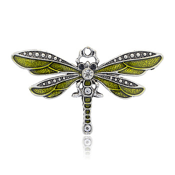 Antique Silver Plated Alloy Enamel Dragonfly Pendants, with Rhinestone, Yellow Green, 42x72x4mm, Hole: 2mm
