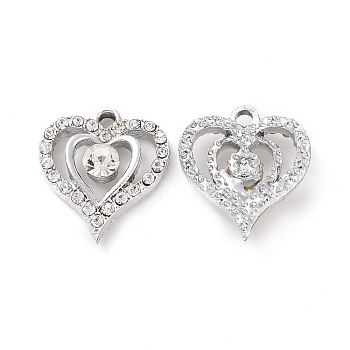 Alloy Crystal Rhinestone Pendants, Heart Charms, Platinum, 20x18x5mm, Hole: 2.2mm