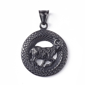 304 Stainless Steel Pendants, Hip-Hop Pendants, Ring with Goat, Electrophoresis Black, 35x30x5.5mm, Hole: 5x8mm