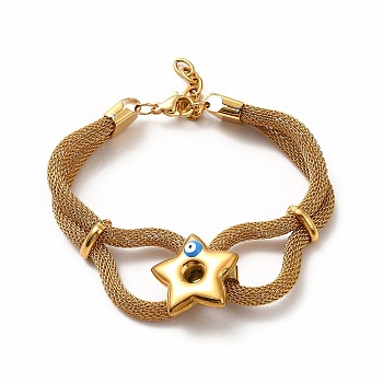 Enamel Star with Evil Eye Link Bracelet, 304 Stainless Steel Round Mesh Chains Wrap Bracelet for Women, Golden, 6-1/8 inch(15.5cm)