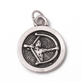 Brass Pendants, with Jump Rings, Long-Lasting Plated, Flat Round with 12 Constellation/Zodiac Sign, Antique Silver, Sagittarius, 18.5x15x2mm, Jump Ring: 5x0.7mm, Inner Diameter: 3.6mm