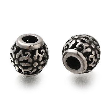 304 Stainless Steel European Beads, Large Hole Beads, Rondelle with Flower, Antique Silver, 10x9.5mm, Hole: 4mm