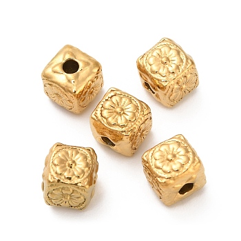 304 Stainless Steel Beads, Cube with Flower, Ion Plating(IP), Real 18K Gold Plated, 5.8x5.8x6mm, Hole: 1.6mm