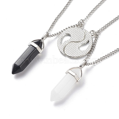 2Pcs 2 Style Natural White Jade & Black Obsidian Bullet Pendant Necklaces Set(NJEW-JN03994-03)-5