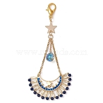 Moon Star Synthetic Blue Spinel & Glass Seed Pendant Decoration, Lobster Claw Clasps Charms for Bag Ornaments, Golden, 98mm(HJEW-MZ00115)