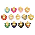Alloy & Glass Seed Beaded Pendants, Heart Charm, Long-Lasting Plated, Rack Plating, Cadmium Free & Lead Free, with Brass Jump Ring, Golden, Mixed Color, 32x27x8mm, Hole: 5mm(GL-CBA96FD-01G)