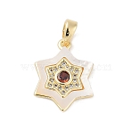 Brass Micro Pave Cubic Zirconia Pendants, Cadmium Free & Nickel Free & Lead Free, with Shell, Hexagon Charms, FireBrick, 17x13x3mm, Hole: 4x2mm(KK-Q030-04B-G)