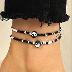 2Pcs Yin-yang Polymer Clay Glass Seed Beaded Stretch Anklet Sets for Women, Black, Inner Diameter: 2-3/4 inch(70mm)(FS-WG3863F-08)