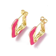 Enamel Twist Square Stud Earrings, Real 18K Gold Plated Brass Half Hoop Earrings for Women, Deep Pink, 23x21.5x5.5mm, Pin: 0.8mm(EJEW-P214-23G-04)