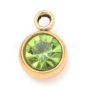 304 Stainless Steel Charms, with Acrylic Rhinestone, Birthstone Charms, Faceted, Flat Round, Golden, Peridot, 8.2x6x3.5mm, Hole: 1.2mm(STAS-I165-04C-G-14)