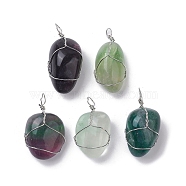 Natural Fluorite Copper Wire Wrapped Pendants, Nuggets Charms, Platinum, 29.5~37x14~22x9.5~17.5mm, Hole: 2.2mm(G-C110-06E-P)