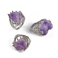 Nuggets Natural Amethyst Finger Rings, Platinum Tone Brass Adjustable Rings, 21~24mm, Inner Diameter: 18mm(RJEW-P128-08P-D)