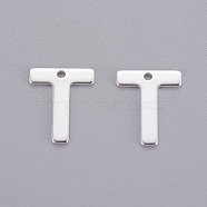 201 Stainless Steel Charms, Letter, Silver Color Plated, Letter.T, 11x9x0.6mm, Hole: 1mm(STAS-L232-007T)