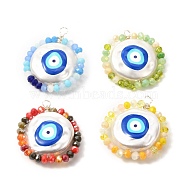 Gemstone Pendants, with ABS Plastic Imitation Pearl Beads, Opaque Glass Beads and Brass Findings, Flat Round with Evil Eye, Mixed Color, 29x23x5.5mm, Hole: 3x2.5mm(PALLOY-JF01055)