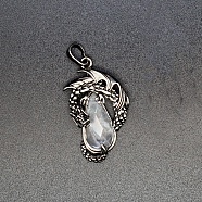 Natural Quartz Crystal Brass Pendants, Rock Crystal, Flying Dragon Charms with Faceted Teardrop Gems, Antique Silver, 38x22x6mm(G-PW0004-66A)