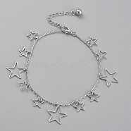 Brass Star Charm Anklets, with Cable Chains and Bell Charms, Platinum, 8-5/8 inch(21.8cm)(AJEW-B005-10P)