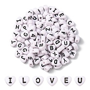 Opaque Acrylic Enamel Beads, Horizontal Hole, Heart with Mixed Black Letters, White, 7x7x4mm, Hole: 1.5mm(MACR-YW0002-23)