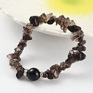 Chips Natural Smoky Quartz Beaded Stretch Bracelets, with Brass Rhinestone Findings, Silver Color Plated, 59mm(BJEW-JB02131-05)