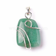 Natural Green Aventurine Pendants, with Brass Findings, Trapezoid, Silver Color Plated, 32~33x21~23x10~11mm, Hole: 8x5mm(G-I220-D03)