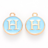 Golden Plated Alloy Enamel Charms, Cadmium Free & Lead Free, Enamelled Sequins, Flat Round, Sky Blue, Letter.H, 14x12x2mm, Hole: 1.5mm(ENAM-S118-04H)