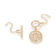 Brass Micro Pave Cubic Zirconia Ring Toggle Clasps, Long-Lasting Plated, with Extender Chains and Tree of Life Pendants, Clear, Real 18K Gold Plated, Bar: 18x6.5x2mm, Ring: 13.8x11.7x1.7mm, Hole: 2.5mm Extender Chain: 38.5mm(KK-M108-H01)