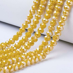 Electroplate Glass Beads Strands, Opaque Solid Color, AB Color Plated, Faceted, Rondelle, Yellow, 4x3mm, Hole: 0.4mm, about 123~127pcs/strand, 16.5~16.9 inch(42~43cm)(EGLA-A034-P4mm-B03)