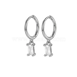 Anti-Tarnish Platinum Rhodium Plated 925 Sterling Silver Dangle Hoop Earrings for Women, Rectangle, Clear, 19.8mm(SY2365-10)