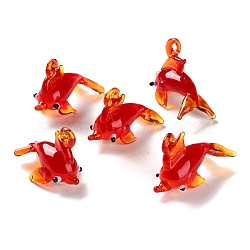 Handmade Lampwork Pendants, Fish Charms, FireBrick, 16.5x38x11.5mm, Hole: 2.5mm(LAMP-S068-09D)