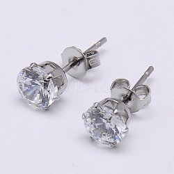 Cubic Zirconia Ear Studs, with 304 Stainless Steel Base, Flat Round, Stainless Steel Color, 3mm, Pin: 0.7mm(STAS-E051-3A)