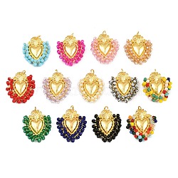 Alloy & Glass Seed Beaded Pendants, Heart Charm, Long-Lasting Plated, Rack Plating, Cadmium Free & Lead Free, with Brass Jump Ring, Golden, Mixed Color, 32x27x8mm, Hole: 5mm(GL-CBA96FD-01G)
