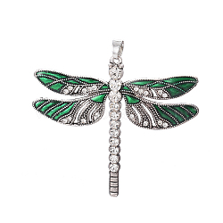Alloy Big Pendants, with Enamel and Rhinestone, Dragonfly, Green, 56.5x64.5x4.5mm, Hole: 4.5x6mm(PALLOY-E503-04AS)