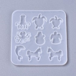 Silicone Molds, Cabochon & Pendants Resin Casting Molds, For UV Resin, Epoxy Resin Jewelry Making, Mixed Shapes, Octopus & Turtle & Angel & Dolphin & Horse, White, 95x90x4mm, Hole: 1.3mm(DIY-F041-03A)