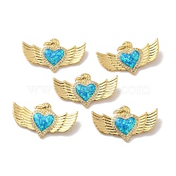 Rack Plating Brass Micro Pave Cubic Zirconia with Synthetic Opal Pendants, with Jump Ring, Lead Free & Cadmium Free, Long-Lasting Plated, Heart with Wings, Real 18K Gold Plated, 17x31.5x3mm, Hole: 3mm(KK-D088-16G)