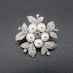 Exquisite Flower Alloy Rhinestone Brooch, Plastic Pearl Lapel Pin for Girl Women, Platinum, 40x40mm(PW-WG62D3E-01)