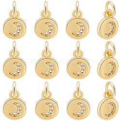 20Pcs Brass Micro Pave Clear Cubic Zirconia Charm, Long-Lasting Plated, Flat Round with Moon Charm, Real 18K Gold Plated, 9x7x2mm, Hole: 3.4mm(ZIRC-BBC0001-67)