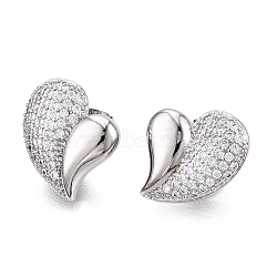 Left and Right Heart Brass Pave Clear Cubic Zirconia Stud Earrings, Platinum, 18x17.5mm(EJEW-M258-040P)