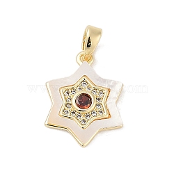 Brass Micro Pave Cubic Zirconia Pendants, Cadmium Free & Nickel Free & Lead Free, with Shell, Hexagon Charms, FireBrick, 17x13x3mm, Hole: 4x2mm(KK-Q030-04B-G)