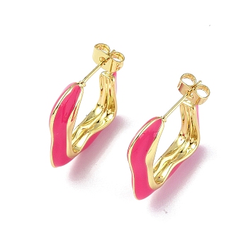 Enamel Twist Square Stud Earrings, Real 18K Gold Plated Brass Half Hoop Earrings for Women, Deep Pink, 23x21.5x5.5mm, Pin: 0.8mm