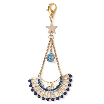 Moon Star Synthetic Blue Spinel & Glass Seed Pendant Decoration, Lobster Claw Clasps Charms for Bag Ornaments, Golden, 98mm