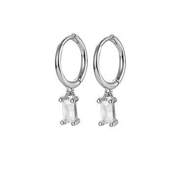 Platinum Rhodium Plated 925 Sterling Silver Dangle Hoop Earrings for Women, Rectangle, Clear, 19.8mm