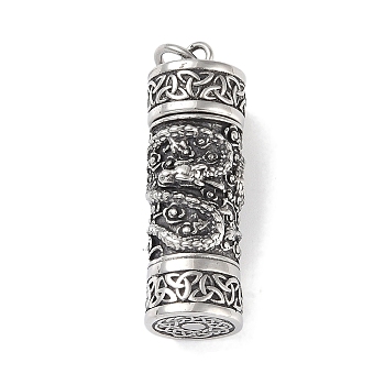Openable 316 Surgical Stainless Steel Urn Ashes Pendants, with Jump Ring, Column Charm, Antique Silver, Dragon, 46x15x13.5mm, Hole: 6.5mm