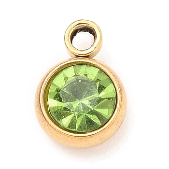 304 Stainless Steel Charms, with Acrylic Rhinestone, Birthstone Charms, Faceted, Flat Round, Golden, Peridot, 8.2x6x3.5mm, Hole: 1.2mm