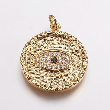 Brass Micro Pave Cubic Zirconia Pendants, Flat Round with Eye, Golden, 24x21x2mm, Hole: 2.5mm