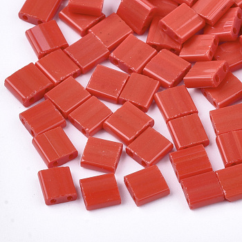 2-Hole Opaque Glass Seed Beads, Rectangle, Red, 5x4.5~5.5x2~2.5mm, Hole: 0.5~0.8mm