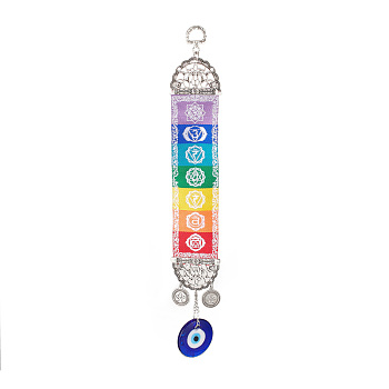 Handmade Lampwork Evil Eye Pendant Decorations, 7 Chakra Cloth Hanging Ornament, with Alloy Finding, for Meditation, Yoga, Home Decor, Antique Silver & Platinum, 320mm, Hole: 14x10mm