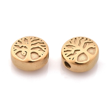 304 Stainless Steel Beads, Flat Round with Tree of Life, Golden, 10x5.5mm, Hole: 2mm