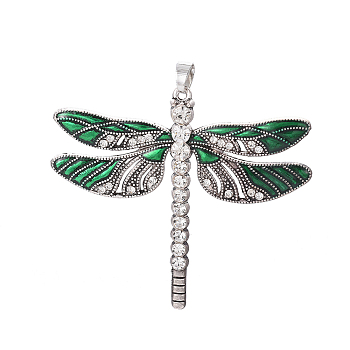 Alloy Big Pendants, with Enamel and Rhinestone, Dragonfly, Green, 56.5x64.5x4.5mm, Hole: 4.5x6mm