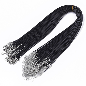 Waxed Cotton Cord Necklace Making, with Alloy Lobster Claw Clasps and Iron End Chains, Platinum, Black, 44~48cm, 1.5mm
