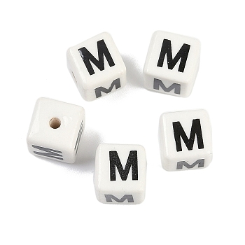 Porcelain Beads, Square with Letter, Letter M, 8.5x8.5x8.5mm, Hole: 1.6mm